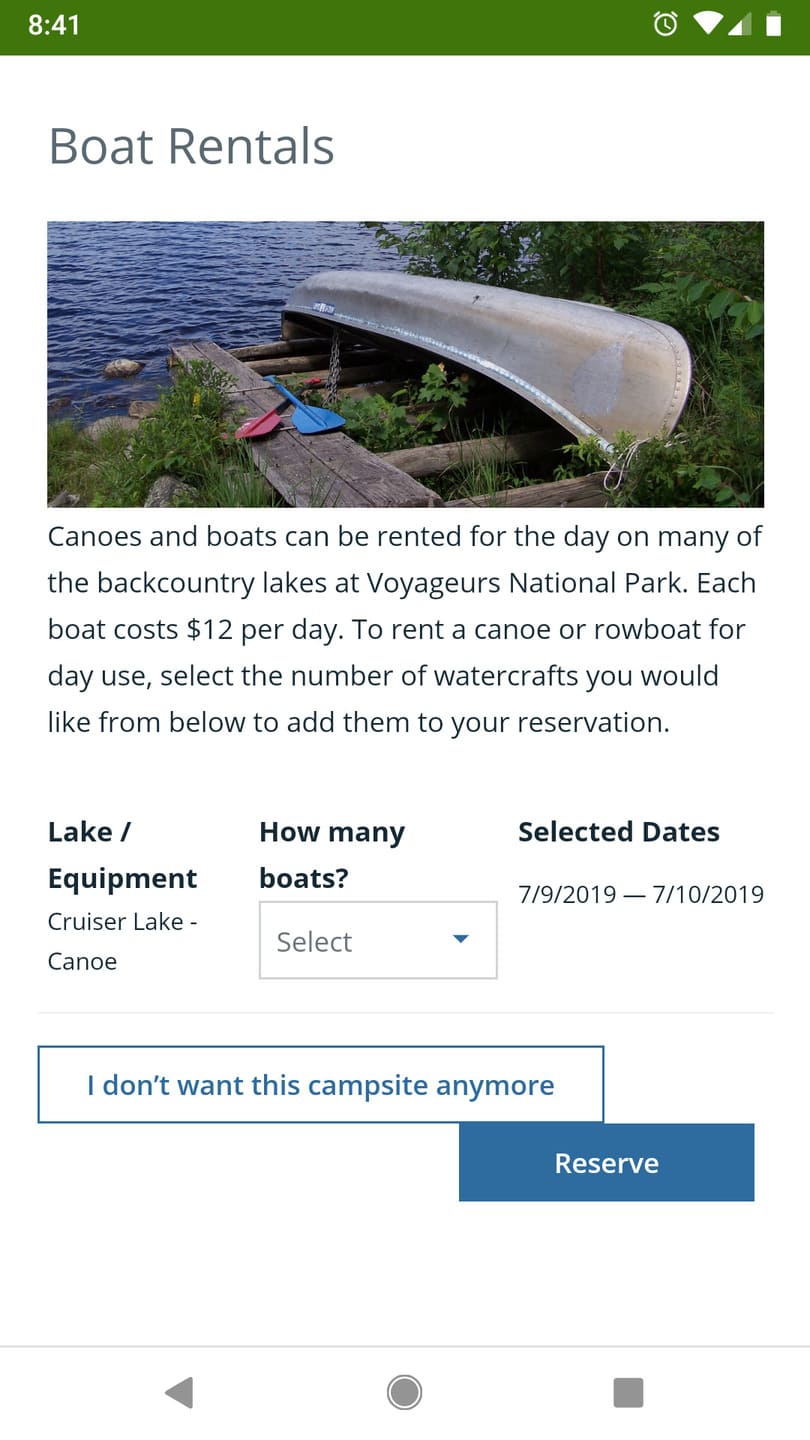 Recreation.gov Canoe Rental Screenshot